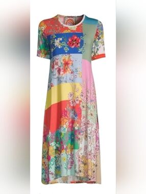 Johnny Was Marcel NWOT XS Multicolor Floral Patchwork Short-Sleeve Midi Dress
